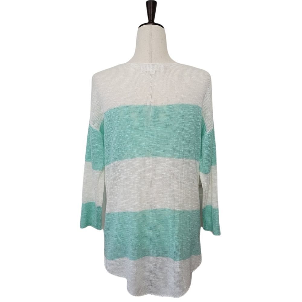 W. F. White and Mint Green Striped Burnt-out High/low V-neck Long Sleeve Sweater - Picture 3 of 6